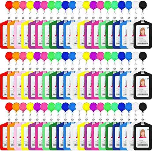 60 Sets Retractable Badge Reels, PU Leather Name Badge Holder, Multicolor ID Holder Key Card Holder Vertical ID Badge with Reel Clip for Office Business Worker Teachers Students Nurses Doctor