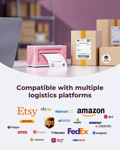 MUNBYN Bluetooth Thermal Label Printer - Wireless 300DPI 4x6 Shipping Labels | Compatible with Windows, Mac, iPhone, Android (Pink)