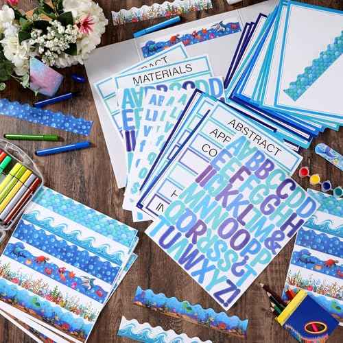 96 Pcs Science Fair Board Supplies Includes Self Adhesive Science Fair Project Titles Subtitles Presentation Bulletin Border Letter Stickers First Day of School Back Classroom(Ocean Style)