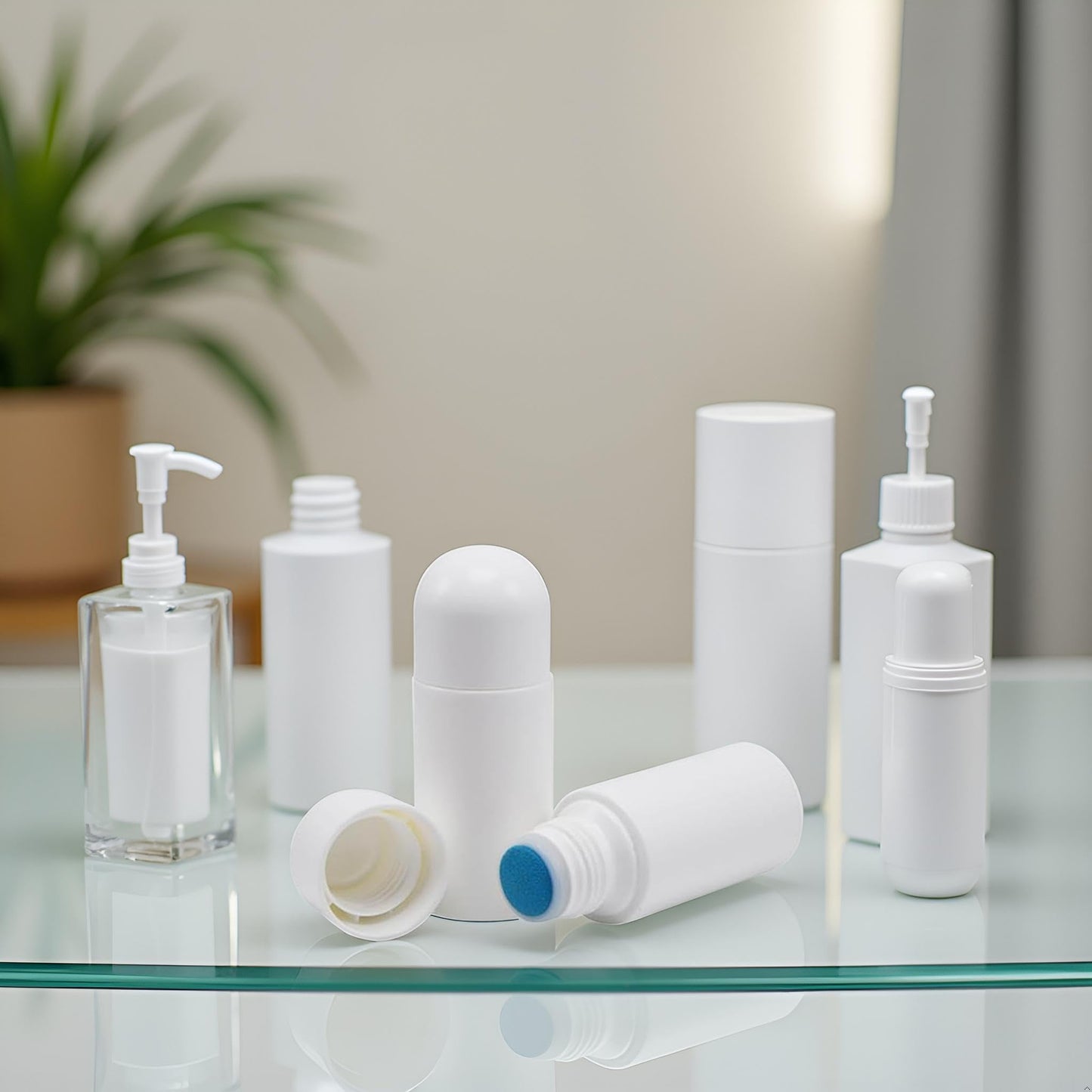 Czhotg 4Pcs White 50 ml Sponge Head Plastic Liquid Applicator Bottles with Sponge Refillable Deodorant Bottles for Cosmetic Essential Oil Pump Dispensers Refillable Containers, Pump Dispensers