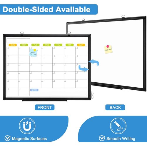 Dry Erase Calendar Whiteboard for Wall, WALGLASS 24" x 18" Magnetic White Board, Monthly Dry Erase Calendar with Black Aluminum Frame, Double-Sided Hanging Portable Board for Office, Home, School