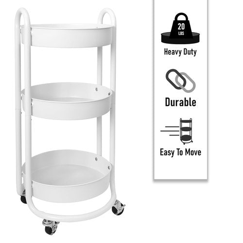 HOMESTEAD Round Rolling Side Table Cart, 3 Tier Metal Utility, 60 lb Heavy Duty, 15″ Diameter, Lockable 360° Casters, Powder-Coat Storage for Kitchen, Bedroom, Office, Bath 15.7" x 14.9" x 31.5" White