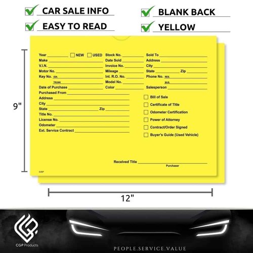 Printed Vehicle Deal Jackets Envelopes Folders for Auto Car Dealerships - 9x12 Size - Dealer Supplies - New and Used Cars - 100 Quantity (Yellow)