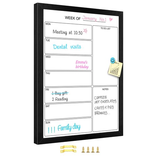 Aitakatta Weekly Dry Erase Whiteboard Calendar, 29.5"x19.7" Magnetic Surface Memo Board, Minimal Design Weekly Planner for Wall, Black Wood Frame Dry Erase Board for Office School Home(ZLBB-S-BK-5075)