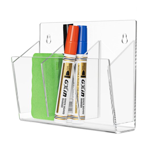 MaxGear Dry Erase Marker Holder with 3 Compartments, Clear Acrylic Wall Pen Organizer with 3 Markers, 1 Eraser & Adhesive Remote Control Holder - Whiteboard & Locker Accessories