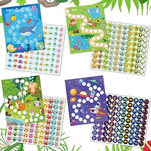 100 Pieces Sticker Charts for Kids Incentives Reward Chart for Kids Behavior in 4 Designs with 2160 Mini Animal Stickers Dry Erase Chore Chart for Classroom Teaching or Home Using