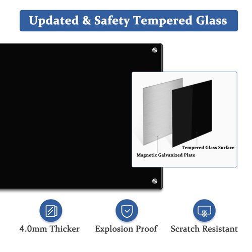AMUSIGHT Black Dry Erase Board, 24" x 18" Magnetic Large Black Glass Board Frameless Wall Mounted Glass Whiteboard for Office, School & Home with 1 Acrylic Marker Tray & 3 Strong Magnet