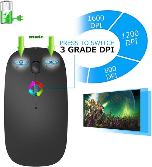 KLO Wireless Bluetooth Mouse - Rechargeable 5.2/3.0 with Type-C & USB - Compatible with MacBook & iPad (Black)