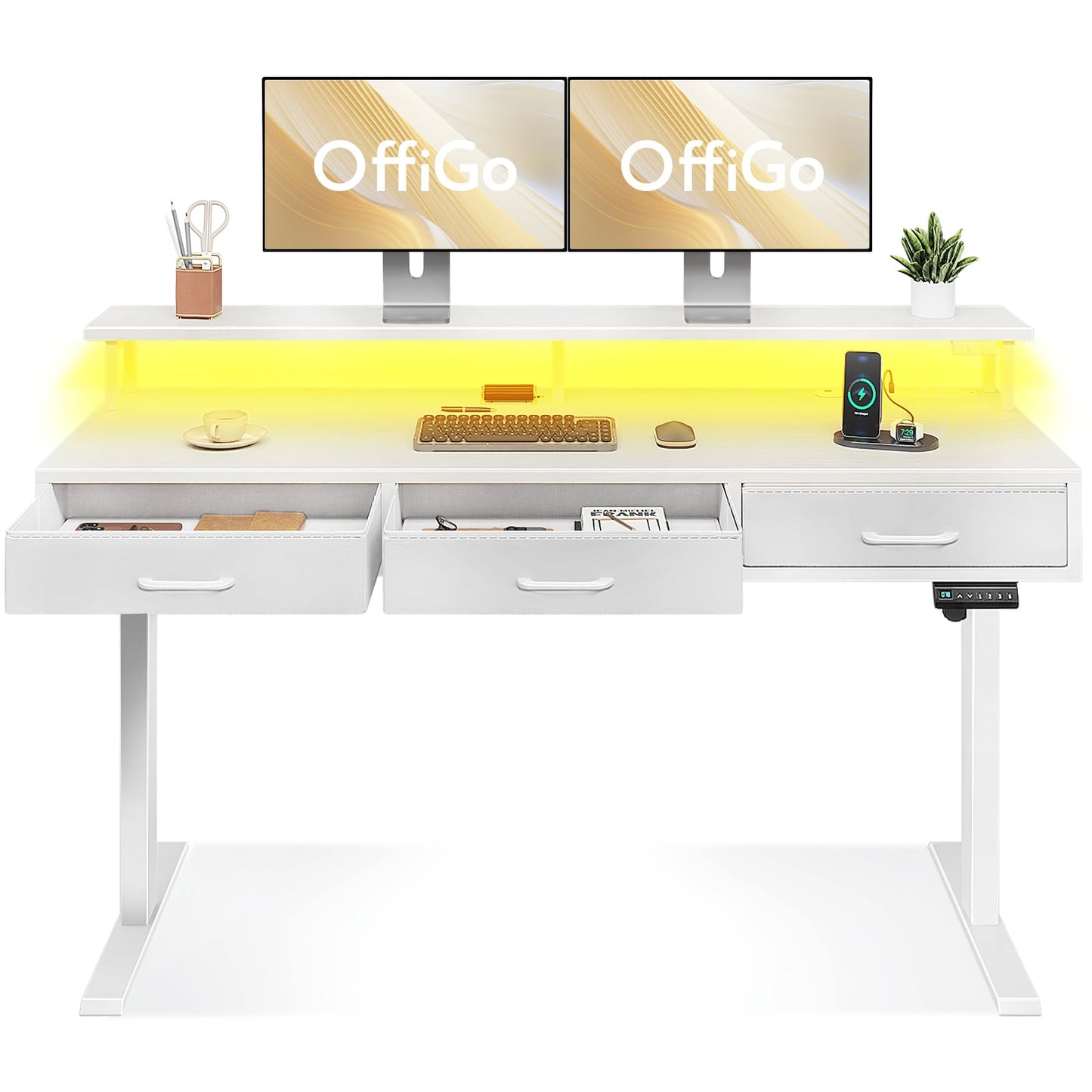OffiGo Electric Standing Desk with Drawers, 55 Inch Height Adjustable Desk with Power Outlets & LED Lights, Sit Stand Table with Monitor Stand for Home, Office, Workstation, Rustic Brown