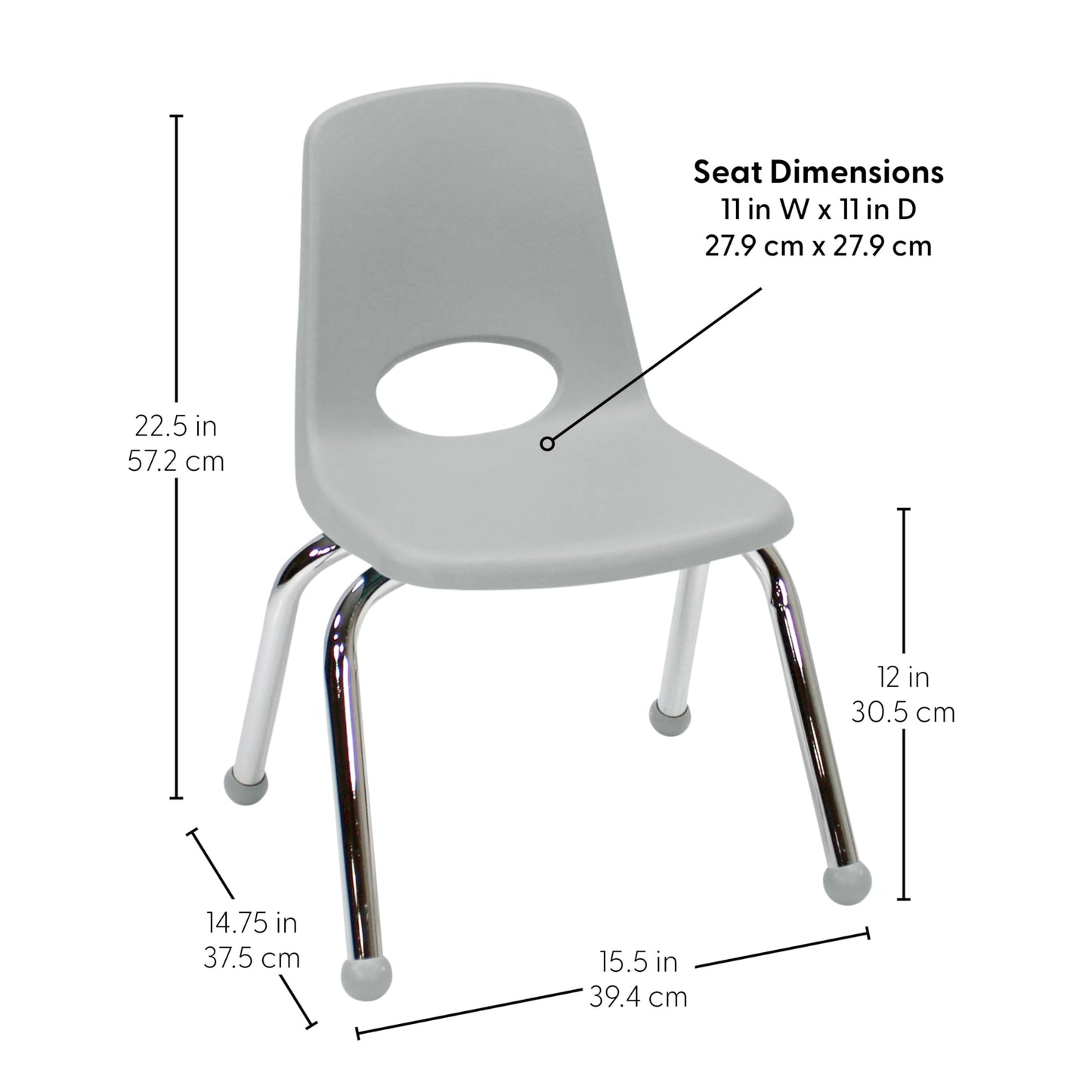 FDP 12" School Stack Chair,Stacking Student Seat with Chromed Steel Legs and Ball Glides For In-Home Learning or Classroom - Light Gray (6-Pack), 10359-LG