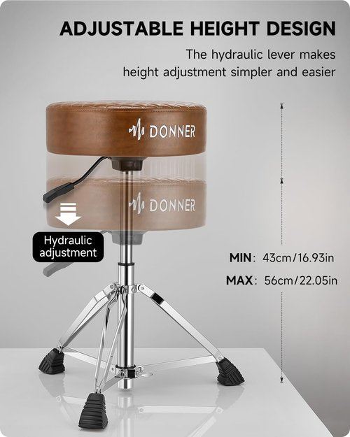 Donner Drum Throne Seat DT-150, Professional Drum Stool - Adjustable Hydraulic Height, Thick Padded Anti-Slip Cushion, Double-Braced Stability, Brown