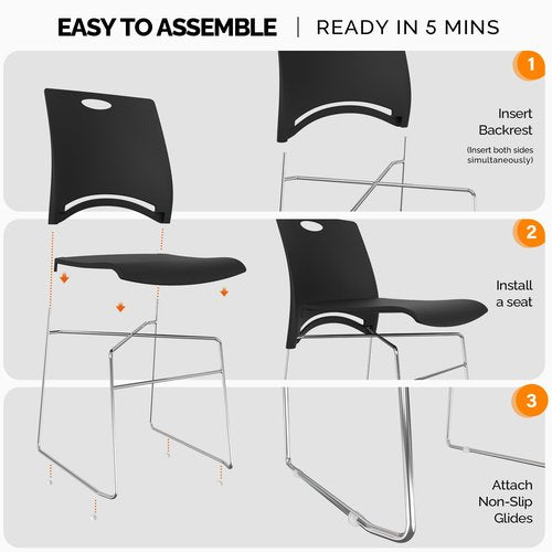 VINGLI Stacking Chairs Set of 4 Stackable Office Chairs with Metal Sled Base, Ergonomic Plastic Seat, Stacking Chairs for Waiting Room Break Room Banquet Guest, Black