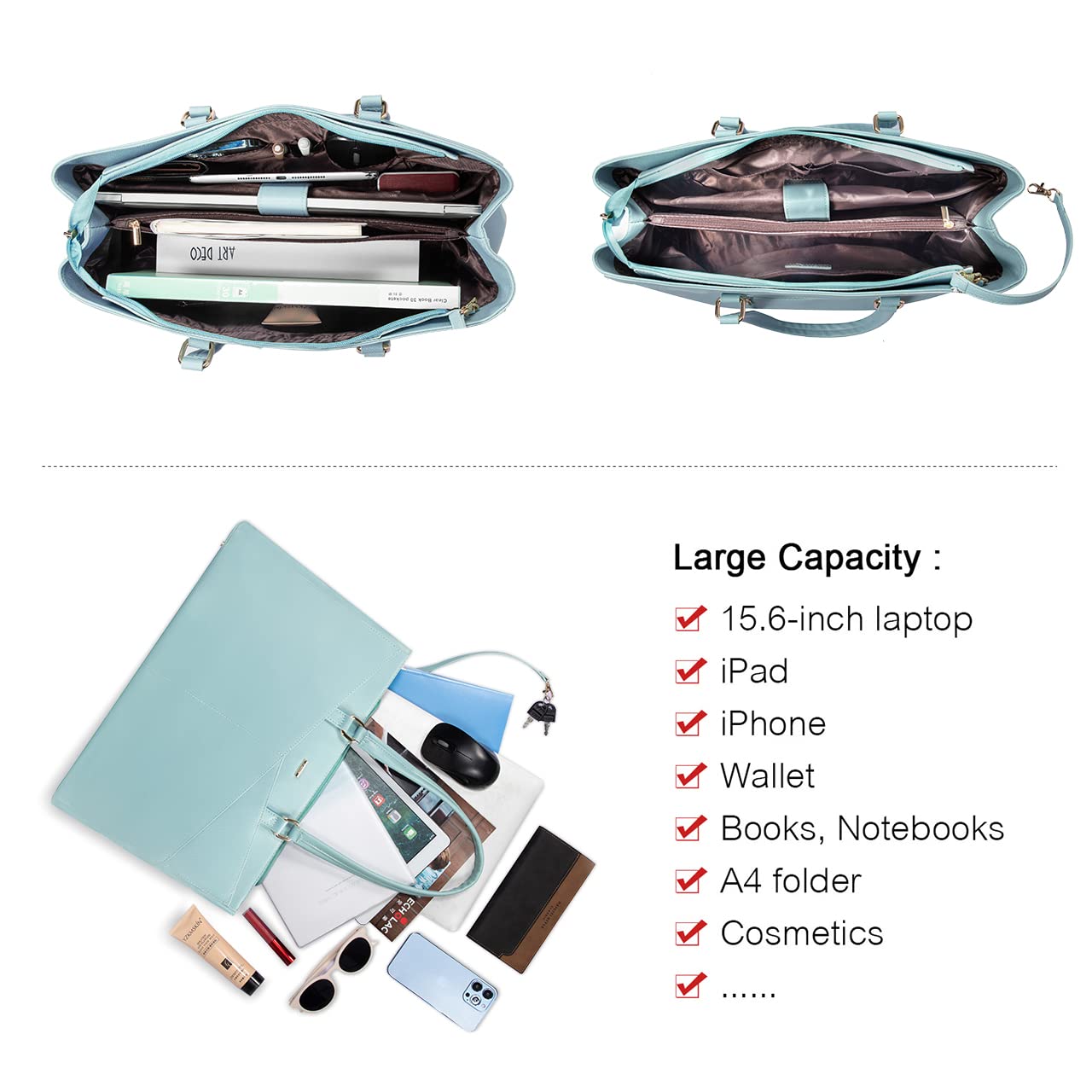 LOVEVOOK Laptop Bag for Women 15.6 Inch Tote Bags Waterproof Leather Briefcase Computer Women Business Office Work Bag,Cyan-Blue