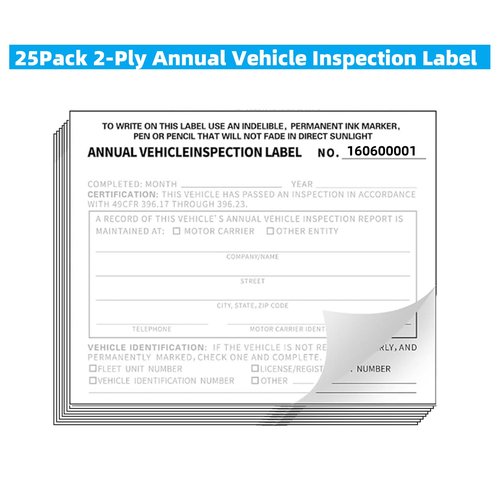 Annual Vehicle Inspection Report Form and Label, 25-Pack 3-Layer Vehicle Inspection Forms, 2-Ply Annual Adhesive Vinyl Label
