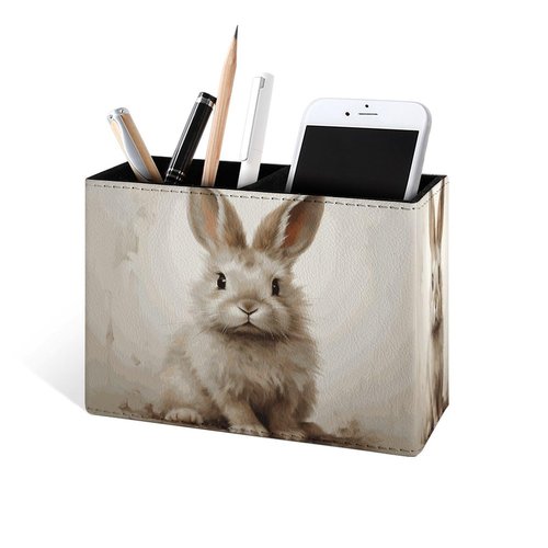 Famame Brown Rabbit Bunny Pencil Holder for Desk, Leather Desktop Container Pen Cup Storage Study Table Pen Organizer Makeup Brush Holder for Classroom Office Home