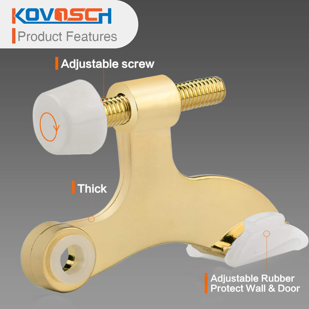 KOVOSCH 2 Pack Hinge Pin Door Stopper Bright Brass - Adjustable Heavy Duty Gold Hinge Pin Door Stop with White Rubber Bumper Tips