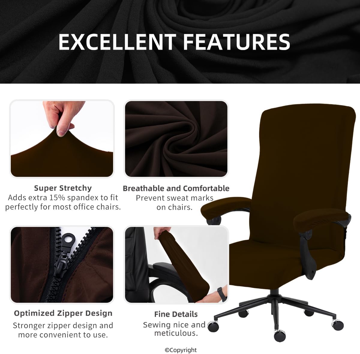 Skiennix Stretch Computer Office Chair Cover - Durable, Washable Spandex Slipcover with Armrest Covers | Brown