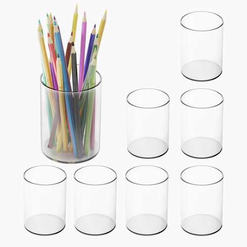 DreamShore Acrylic Pen Holder, Clear 8 Pack Desktop Pencil Cup Stationery Organizer for Office Desk Accessory, Round Makeup Brush Srotage for Home, Cutlery Storage Organizer (Clear, 8 Pack)