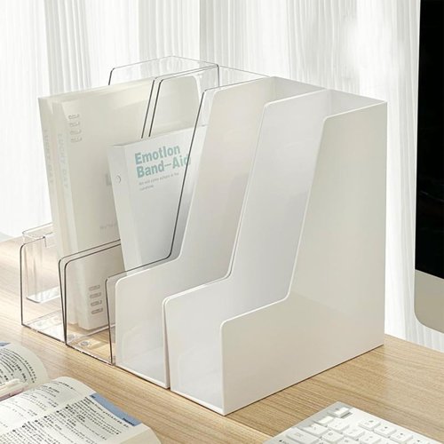 YUNNO Clear Magazine Holder, 2-Pack PET Document Holder for Desk, Vertical File Organizer for Desk, Clear Plastic Organizer Bins Holding for Magazines, Binders, Notebooks, Envelopes (White)