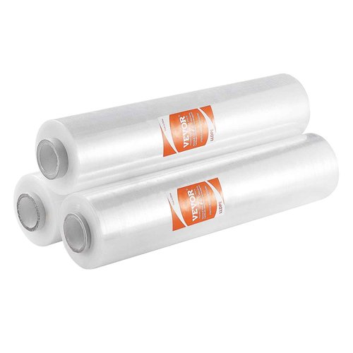 VEVOR Stretch Film, 15 inches x 1000 feet, 60 Gauge Industrial Strength Clear Durable Stretch Wrap Roll, Heavy Duty Shrink Film Stretch Wrap with Handles for Pallet Wrapping Shipping Moving, 3 Pack