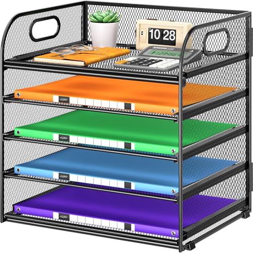 5 Tier Paper Organizer with Handle, Metal Mesh Desk Organizer File Folder Paper Letter Tray Desktop Document Sorter for Classroom, School, Office Accessories Organization and Storage - Black