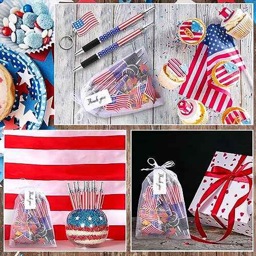 Qilery 250 Pcs Veterans Day Style American Flag Lapel Pins Ballpoint Pen Independence Day Flag Keychains Thank You Card Organza Gift Bag for Home School Office 4th of July Party Supplies