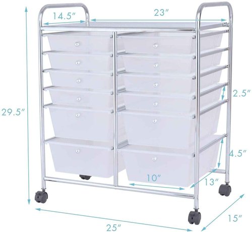 FANTASK 12-Drawer Rolling Storage Cart, Multipurpose Organizer Utility Trolley on Wheels, Tools Scrapbook Paper Organizer for School, Office, Home, Beauty Salon (Clear)