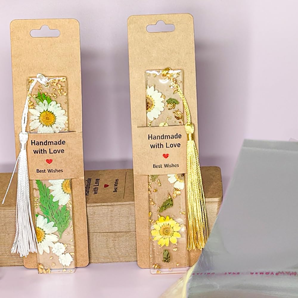 100 Set Bookmark Holder Packaging, Handmade with Love Bookmark Display Cards with Bags Hanging Resin Book Mark Sleeves Small Business Packaging Supplies for Selling Items Package Party Favors (Brown)