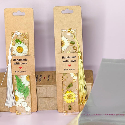 100 Set Bookmark Holder Packaging, Handmade with Love Bookmark Display Cards with Bags Hanging Resin Book Mark Sleeves Small Business Packaging Supplies for Selling Items Package Party Favors (Brown)