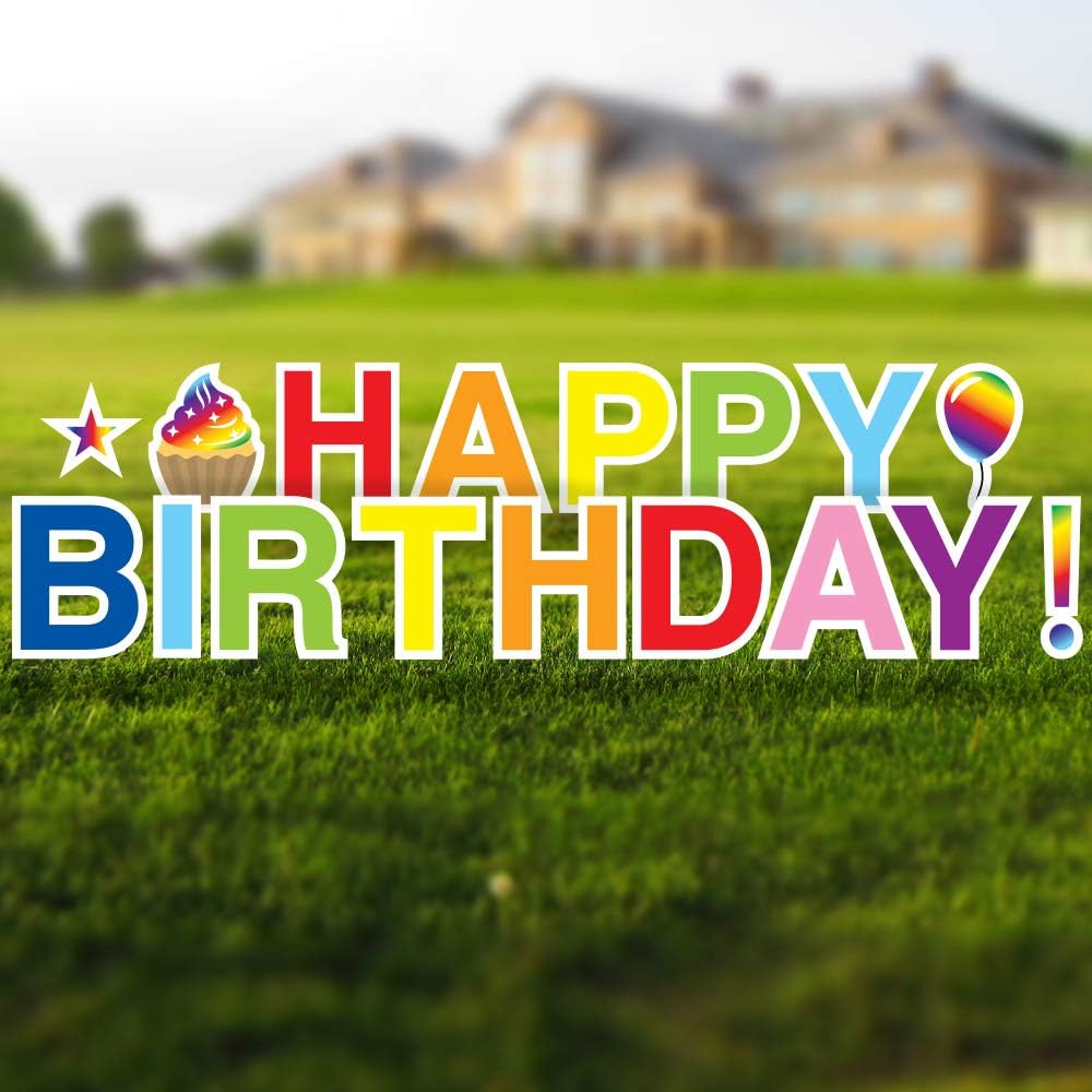 Vispronet Happy Birthday Yard Signs - Vibrant Rainbow Colors - 18-Inch Tall Letters - Weather-Resistant with Bonus Decorations