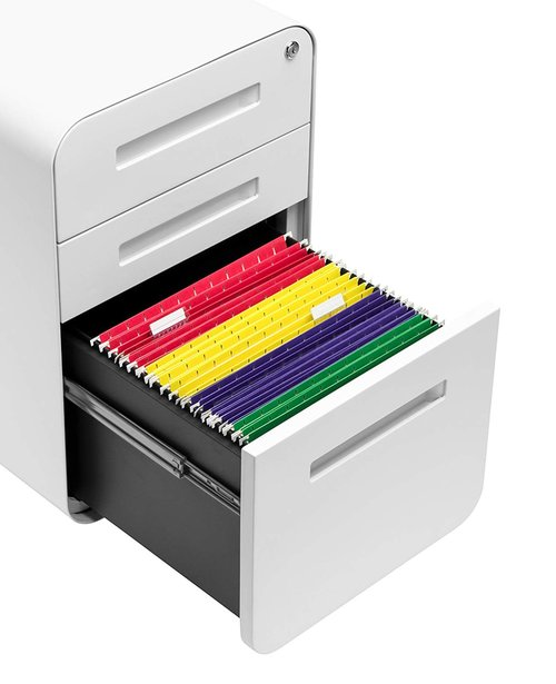 Laura Davidson Furniture Stockpile 3 Drawer File Cabinet with Lock - Under Office Desk Metal Filing Cabinet, Legal/Letter File Folders, Wheels and Stationary Feet, Pre-Assembled, White