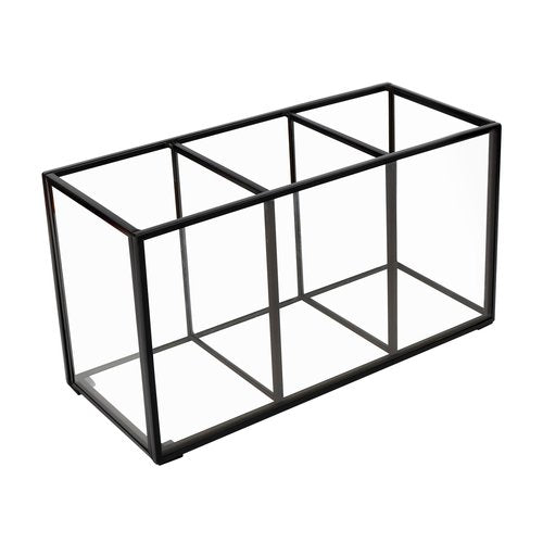 Pencil Holder for Desk,Tempered Glass Pen Holder,3&4 Compartments,Desktop Storage Organizer for Office Supplies,School Supplies,Pens,Markers,Pencils,Scissors,Paperclips (Black, 3 compartments)