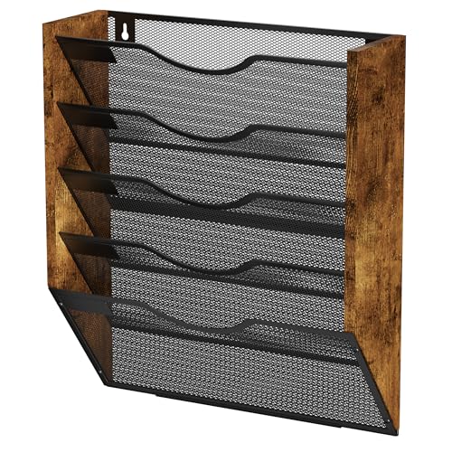 Koozuuyk 5-Tier Ironwood Wall-Mounted File Organizer with 5 Pockets, Mesh Mail and Document Holder, Black