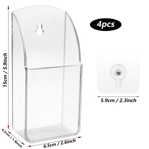 4 PCS Plastic Remote Control Holder Clear Wall Mount Media Organizer Single Compartment Pen Holder for Wall Pencil Holder TV Remote Holder Wall Mount Storage Box for File Makeup Marker Brush Phone