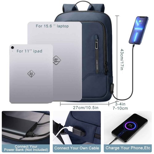 hk Backpack for Men Business Slim Backpack with USB Charger Computer Lightweight Anti-theft Travel Backpacks 15.6 inch Water Resistant Laptop Bag for Work Office College-Dark Blue