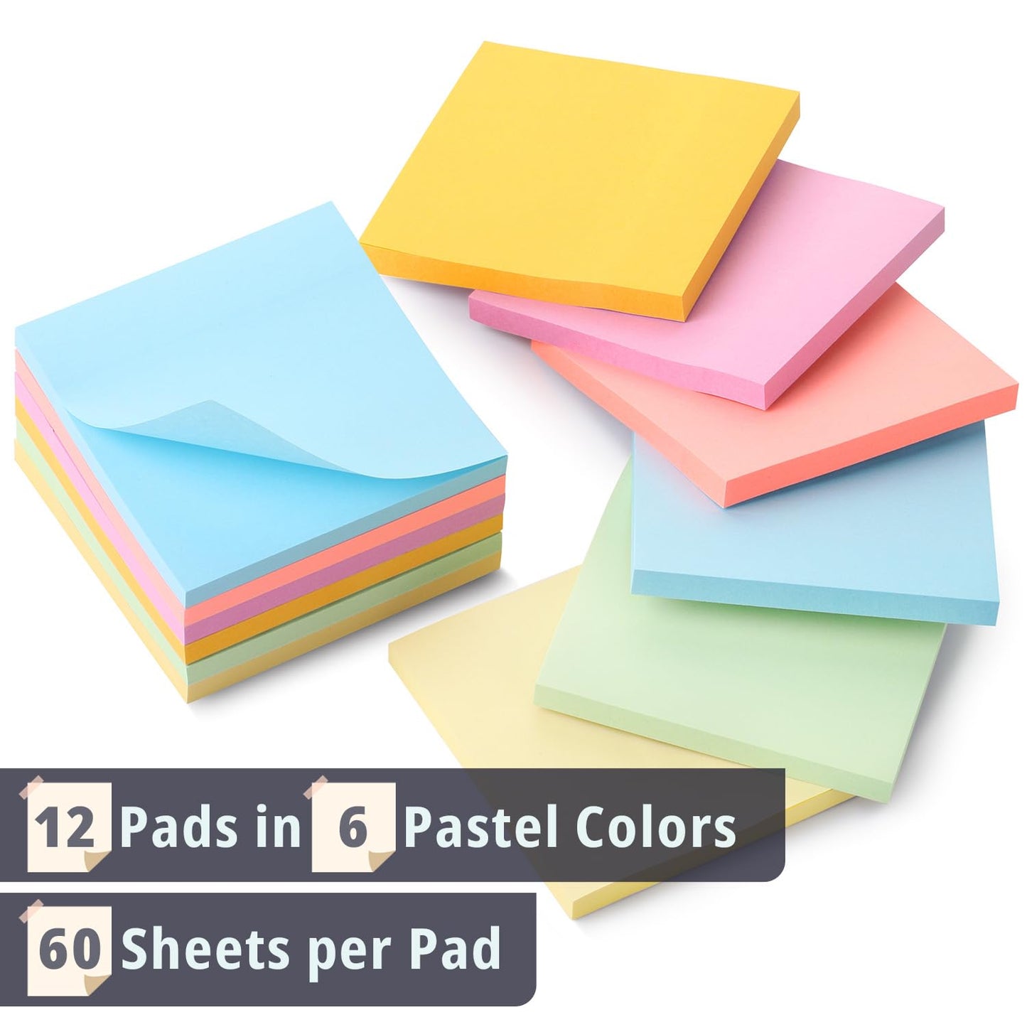 Mr. Pen- Sticky Notes, 3"x3", 12 Pads, 720 Sheets, Pastel Colors