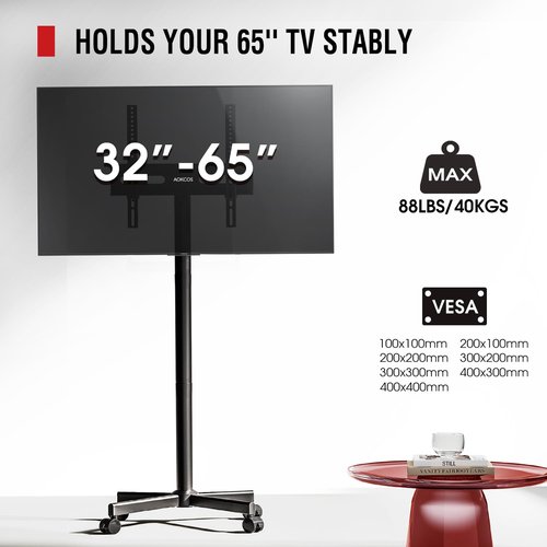 AOKCOS TV Cart Rolling TV Stand - Mobile TV Stand for 32-65 inch Flat/Curved TVs Holds up to 88 Lbs, Portable TV on Wheels with Tilting for Living Room, Bedroom, Office, Max VESA 400x400mm