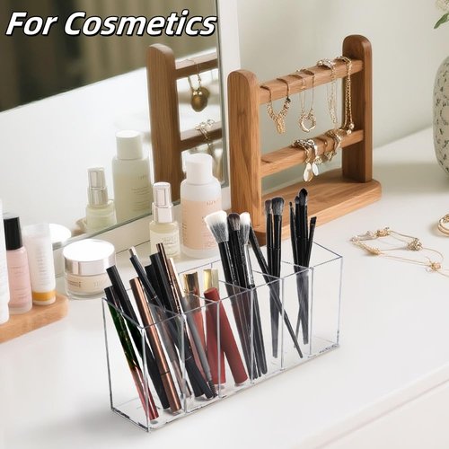 Hacaroa 2 Pack Acrylic Pen Holder 6 Compartments, Clear Makeup Brush Organizer with Removable Dividers, Acrylic Cosmetic Brush Holder for Eyebrow Pencils, Markers, Office Desk, Vanity