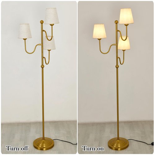 YYJLX Modern Floor Lamp with Dimmable Switch 3 Light Tree Standing Tall Lamp with Linen Drum Shade Mid Century Gold Corner Lamp for Living Room Bedroom Office