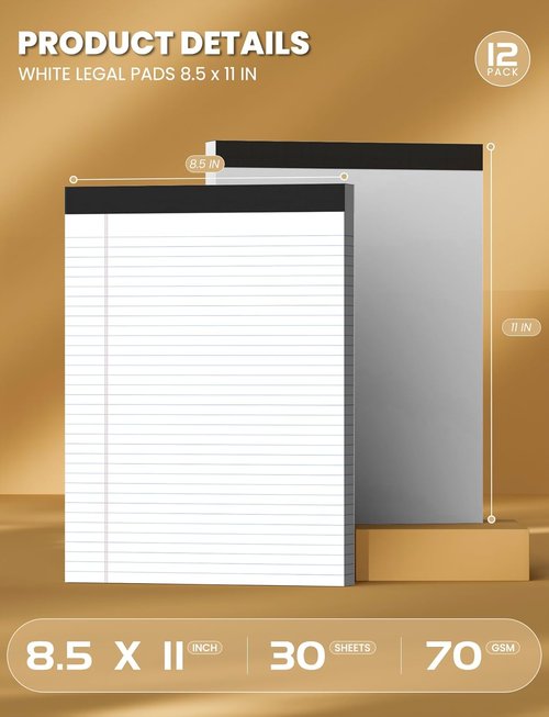 Legal Pads by [Brand Name] - 12 Pack White College Ruled Notepads | 8.5 x 11 Inches, 30 Sheets Each