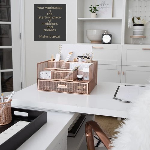 BLU MONACO Large Rose Gold Desk Organizer with 12 Compartments & Drawer – Office Supplies & File Holder, Desk Storage & Workspace Organizer
