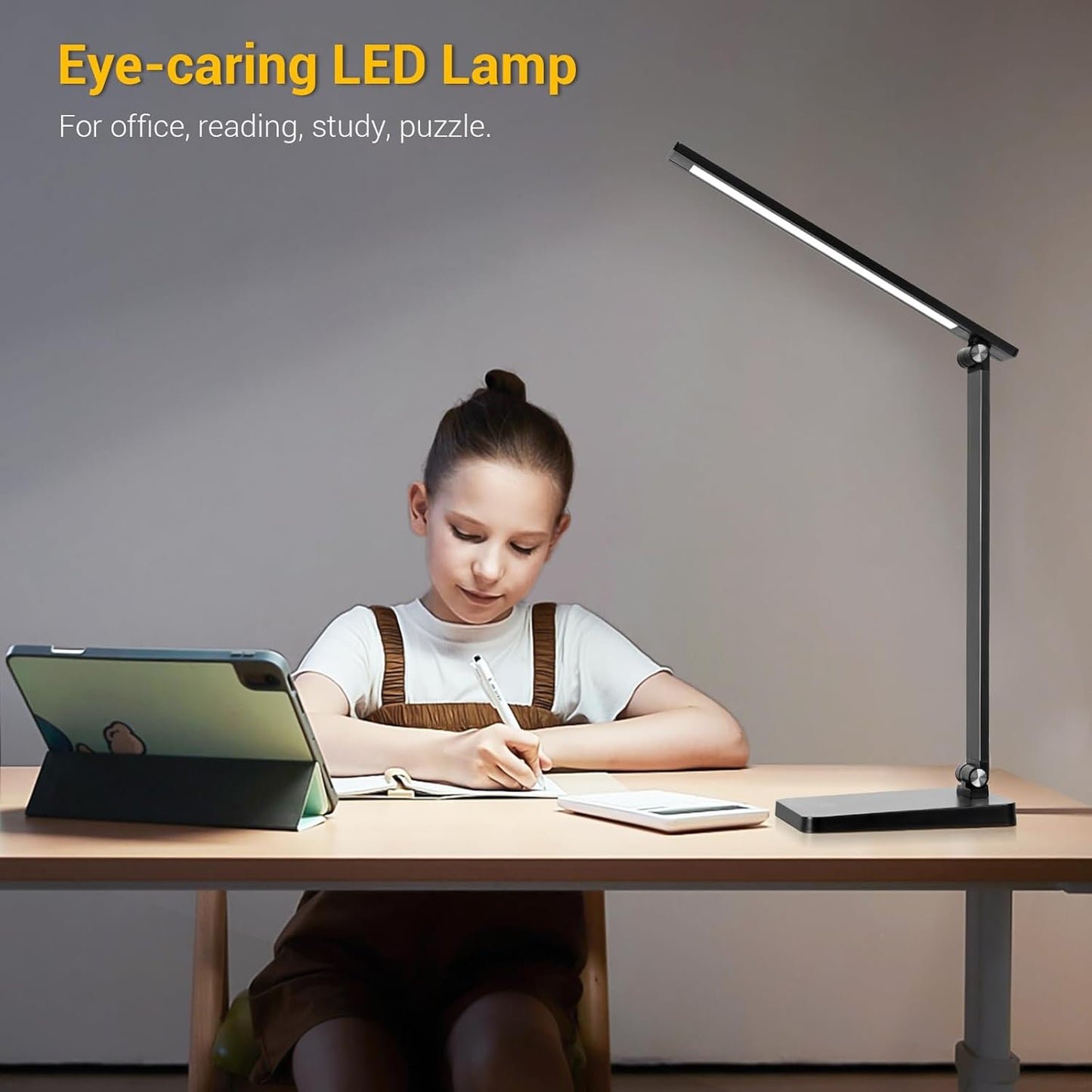 Skiennix LED Desk Lamp - Dimmable 3-Level Lighting with USB Charging Port | Compact Black Study Light