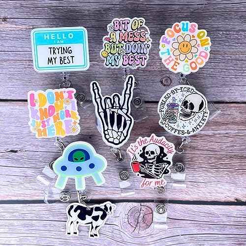 YJ PREMIUMS 8PC Funny Cute Fun Badge Reel Holder ID Card Retractable Clip for Nurse Nurses Nursing Teacher Office Workers | Meme It¡¯s Fine Just My Face Job Descriptions Goose Bumps Coworkers Gifts