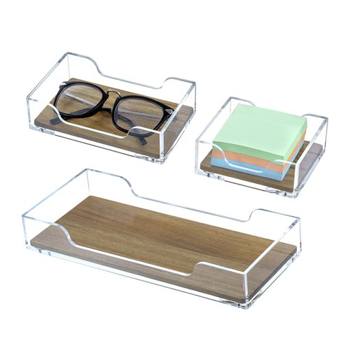 MyGift Premium Clear Acrylic and Acacia Solid Wood Desk Organizer Trays Office Stationery Holders, 3 pc Set