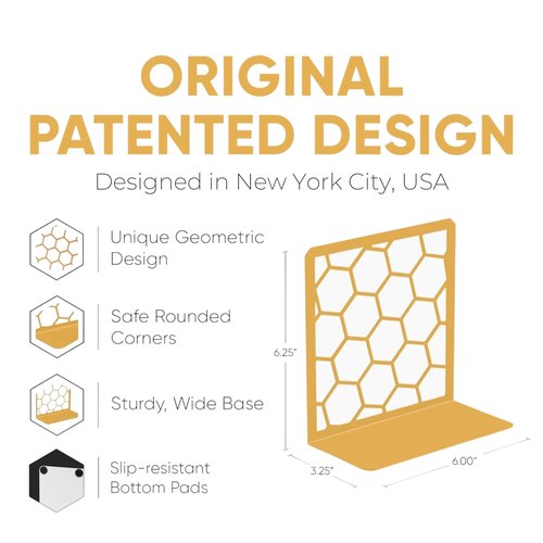 GEOMOD Geometric Honeycomb Gold Metal Bookends Decorative - Tall Sturdy Book Ends for Shelves - Modern Heavy Duty Bookend Stopper - Office or Home Book Shelf Book Holder - 6x3.25x6.25 Inches - 1 Pair