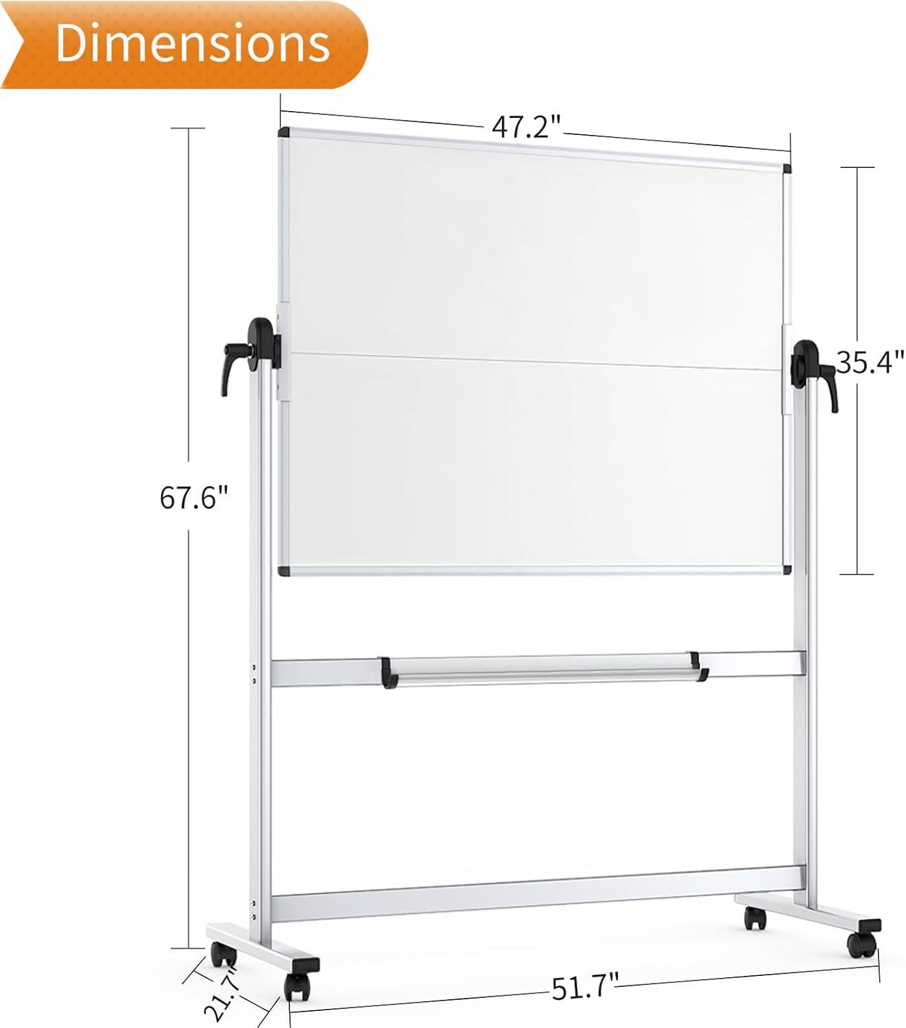 VIZ-PRO Double-Sided Mobile Whiteboard - 48 x 36 Inches Magnetic Dry Erase Board on Wheels