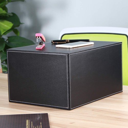 RHCSZ High-end PU Leather Desk Organizer File Cabinet Executive Office Supplies Desktop Filing A4 File Cabinet Stackable Storage Organizer Box with 3 Drawers (Black)…
