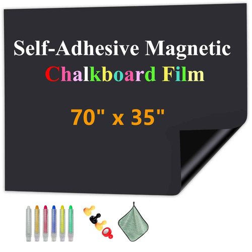 Magnetic Chalkboard Contact Paper with Adhesive, 70" x 35" Magnetic Blackboard Film for Walls, Peel and Stick – Ideal for Office, Classroom, Home. Includes Dustless Chalk, Wiping Cloth, and Magnet