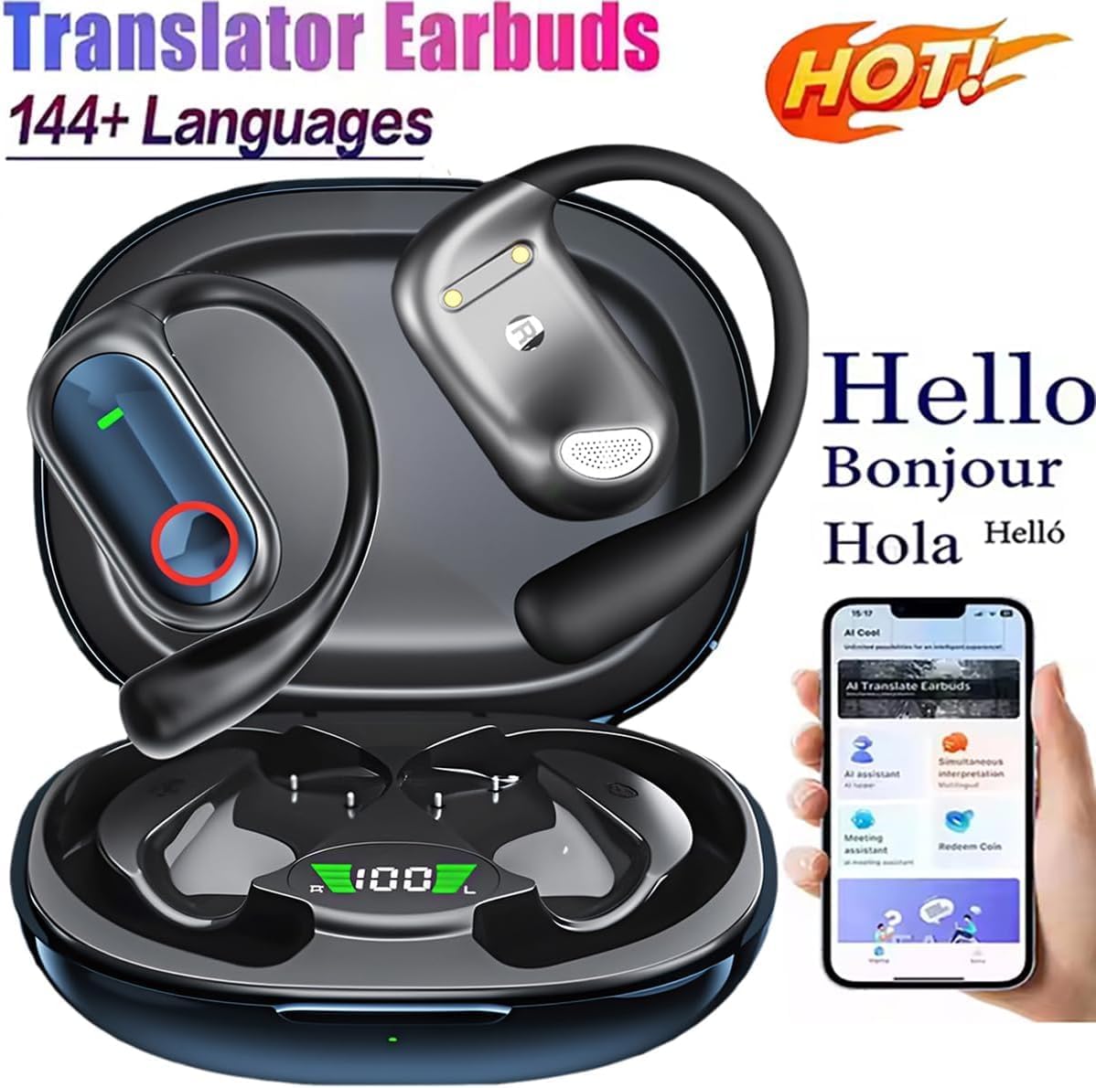 Skiennix AI Translation Earbuds - Real-Time Translation in 144 Languages | 2-Pack Open Ear Wireless for Travel & Business