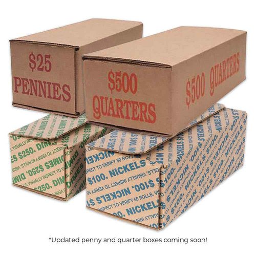 Nickel Coin Holder Box - Pack and Ship Coin Storage Box - Package of 50 - Blue and Brown - Holds 50 Rolls of Wrapped Coin - $100 Capacity